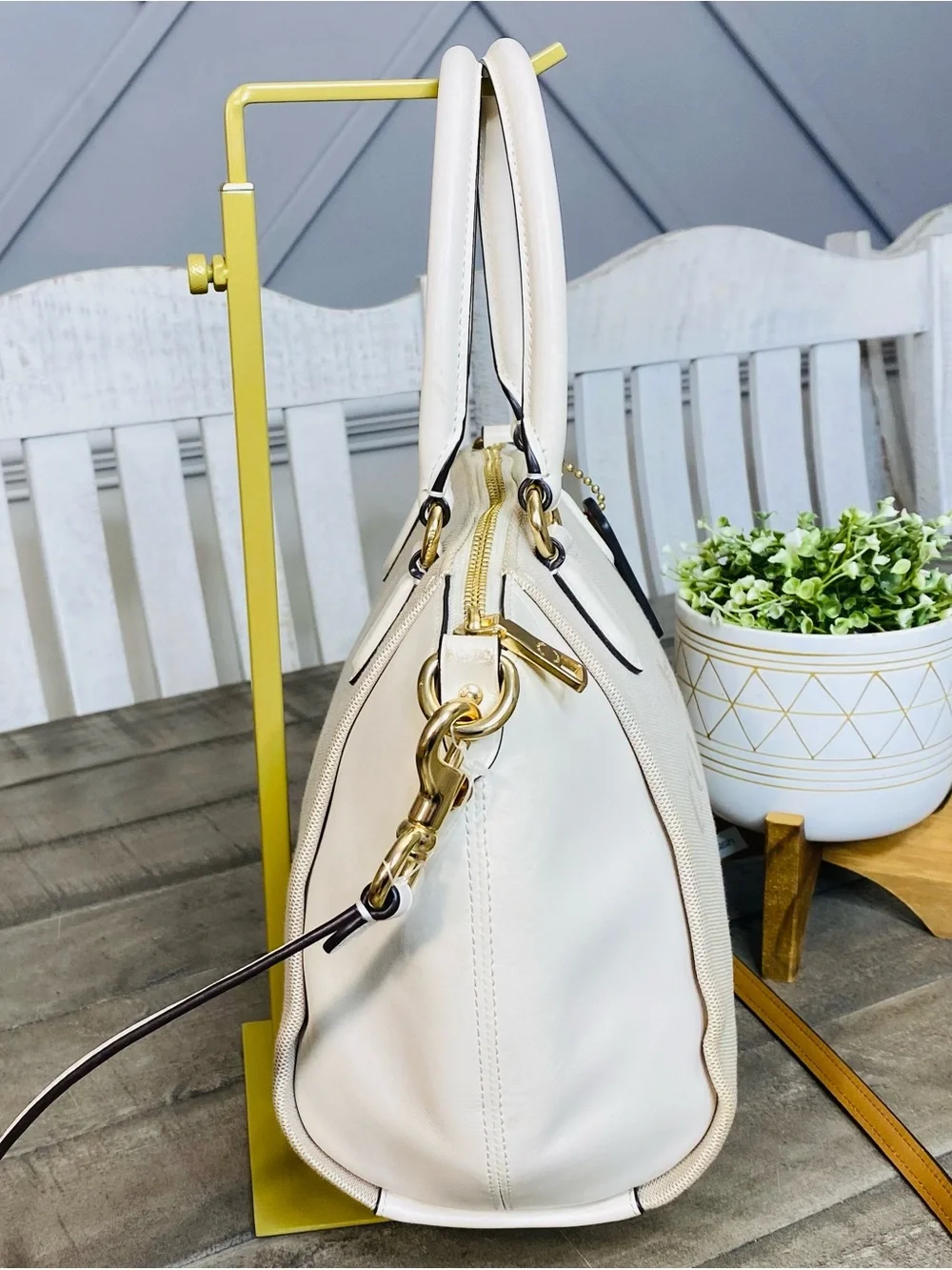COACH Elise Satchel Horse & Carriage Jacquard Canvas White Leather Crossbody Bag